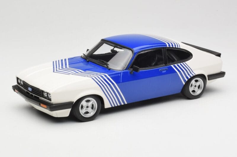 Ford Capri Mk2 3.0 Blanc avec Rayures Bleues Minichamps 1:18 155788600 Métal