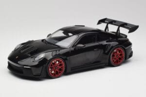 Porsche 911 992 GT3 RS Noir & Roues Rouges & Décor Noir Minichamps 1:18 153062240 Métal