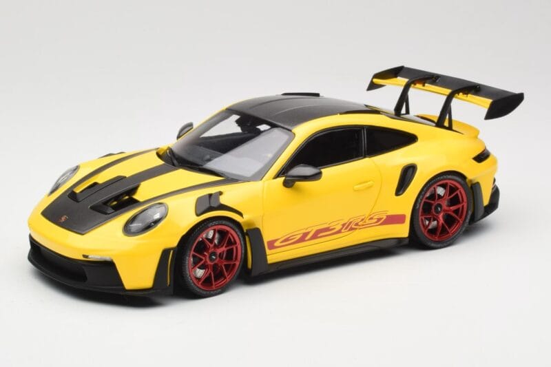 Porsche 911 992 GT3 RS Racing Yellow Weissach Package & Red Wheels Minichamps 1:18 110062025 Métal
